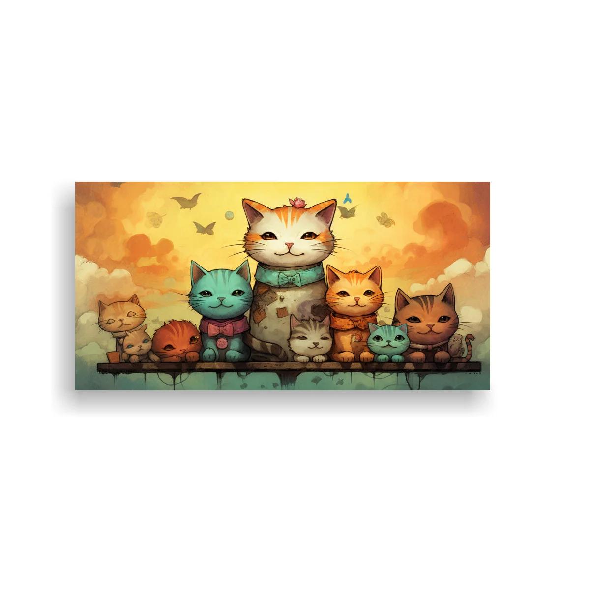 Cuadro grupo de gatos antropomórficos con figura felina más grande