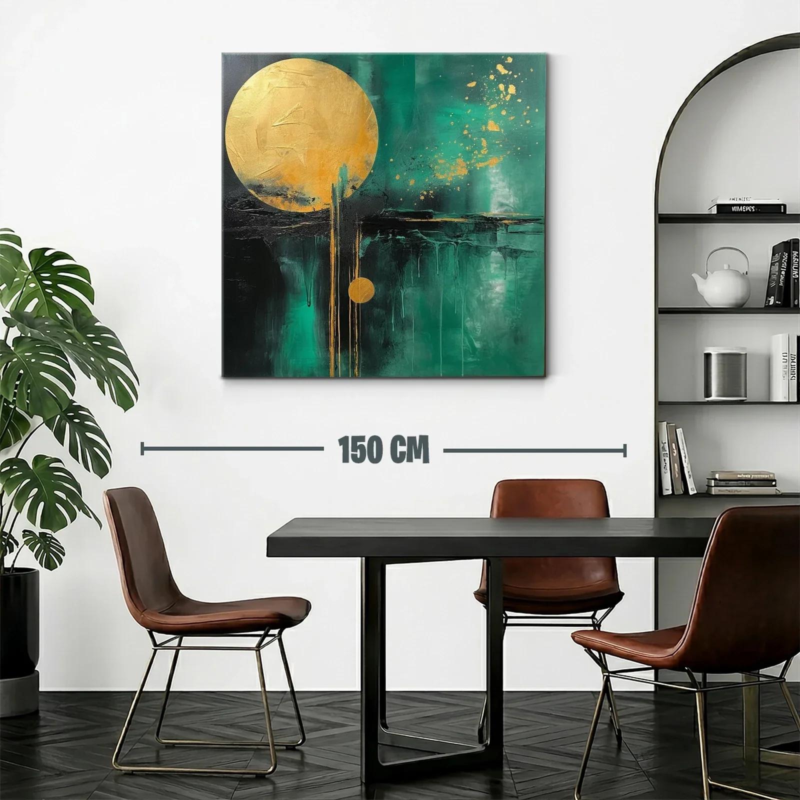 Cuadro abstracto con círculos dorados y fondo verde intenso — miniatura 2