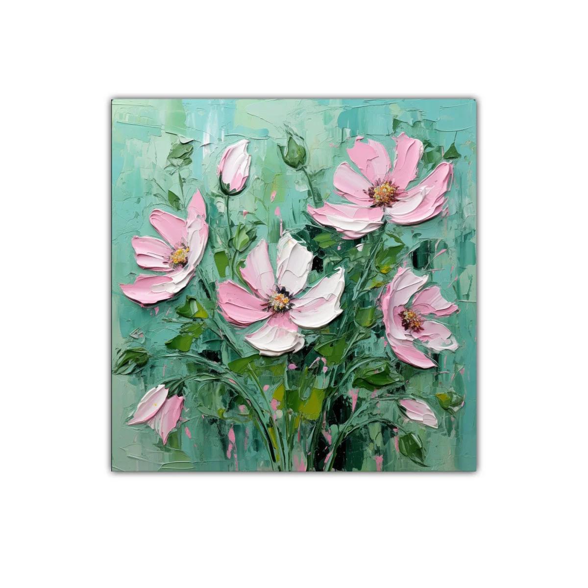 Cuadro floral con flores rosas y fondo verde