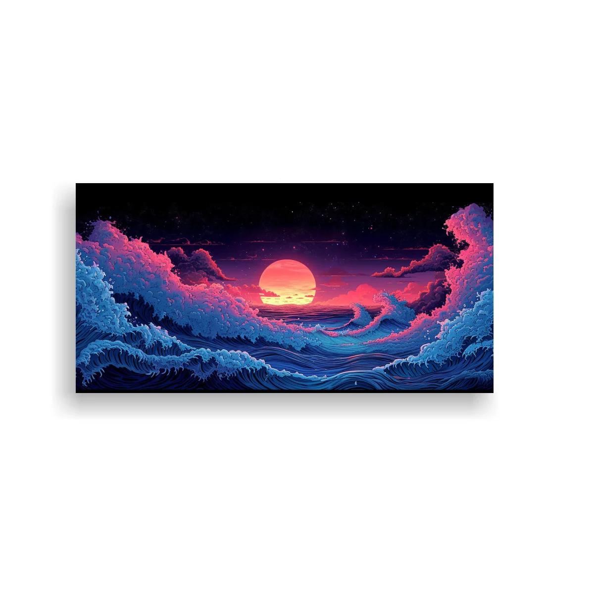 Cuadro puesta de sol sobre el mar enmarcado por olas y nubes curvas