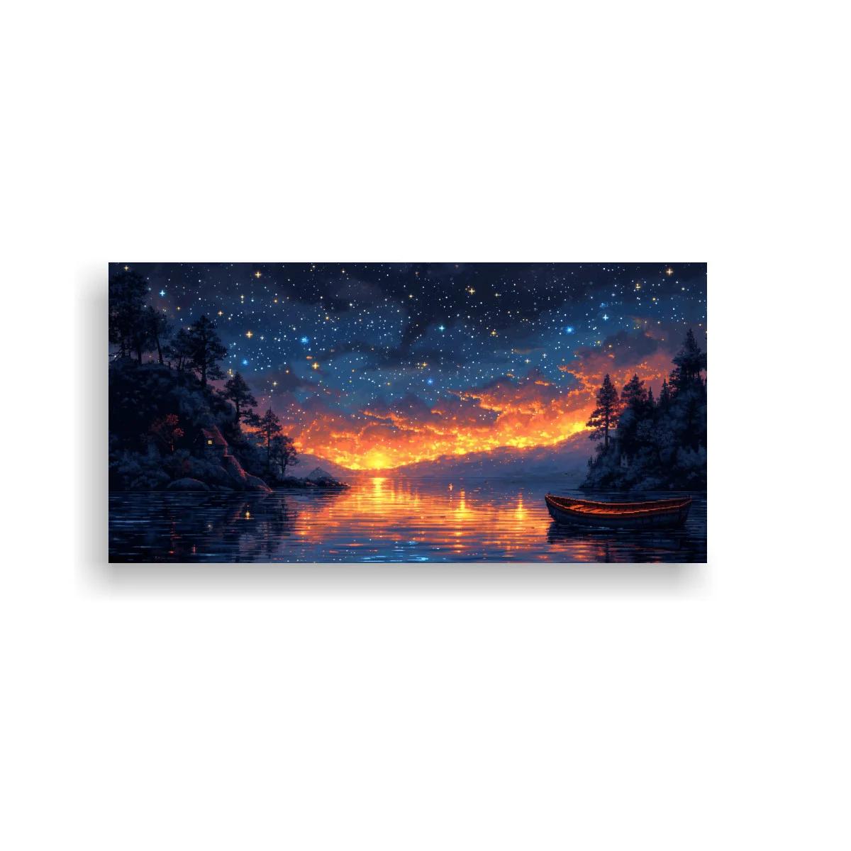 Cuadro lago al atardecer con bote y horizonte luminoso