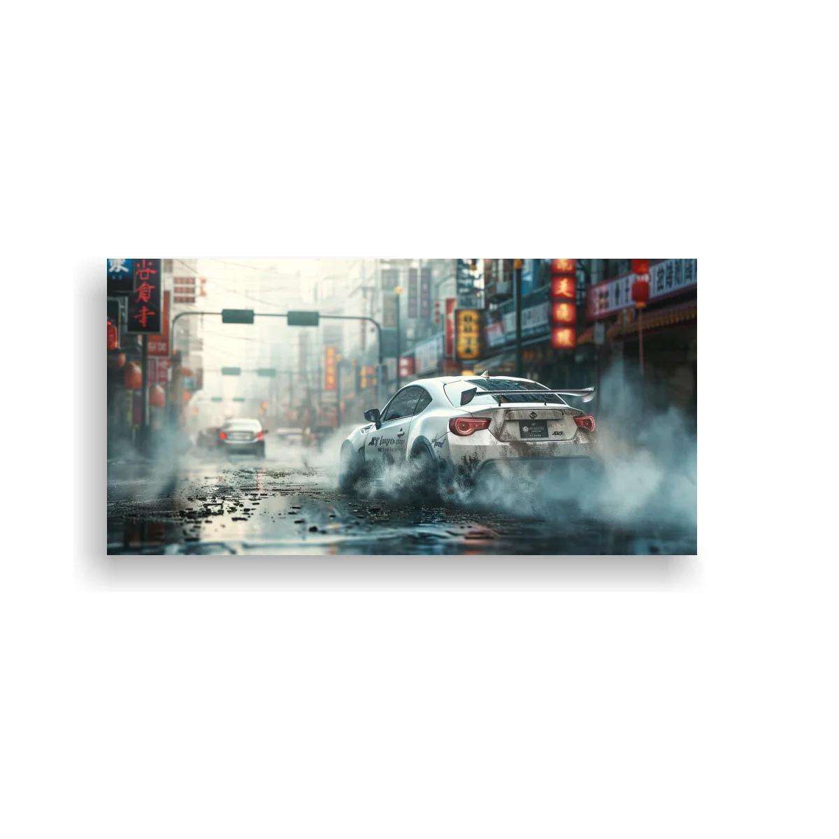 Cuadro coche deportivo blanco derrapando con neblina