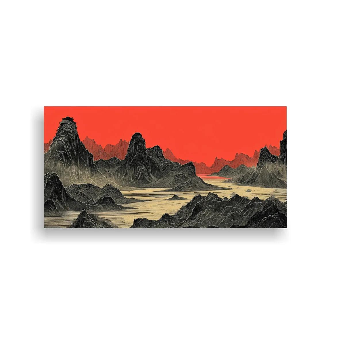 Cuadro paisaje montañoso con cielo coral