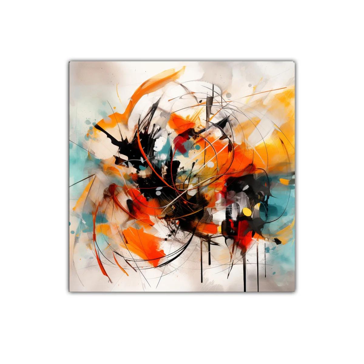 Cuadro abstracto con trazos vibrantes en naranja y turquesa