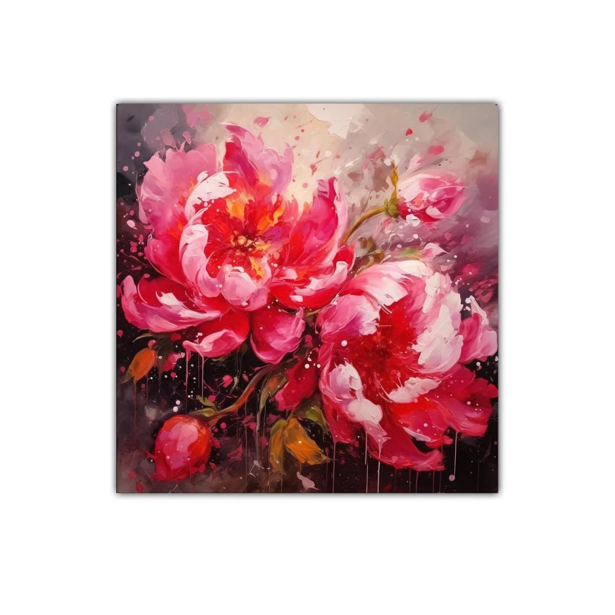 Cuadro decorativo con flores rosas vibrantes y detalles rojos