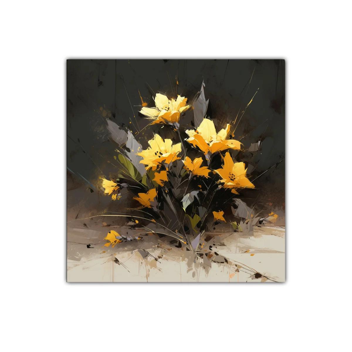 Cuadro decorativo con alegres flores amarillas en contraste oscuro
