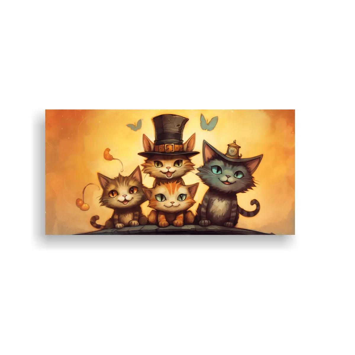 Cuadro familia de gatos con sombreros y cerezas