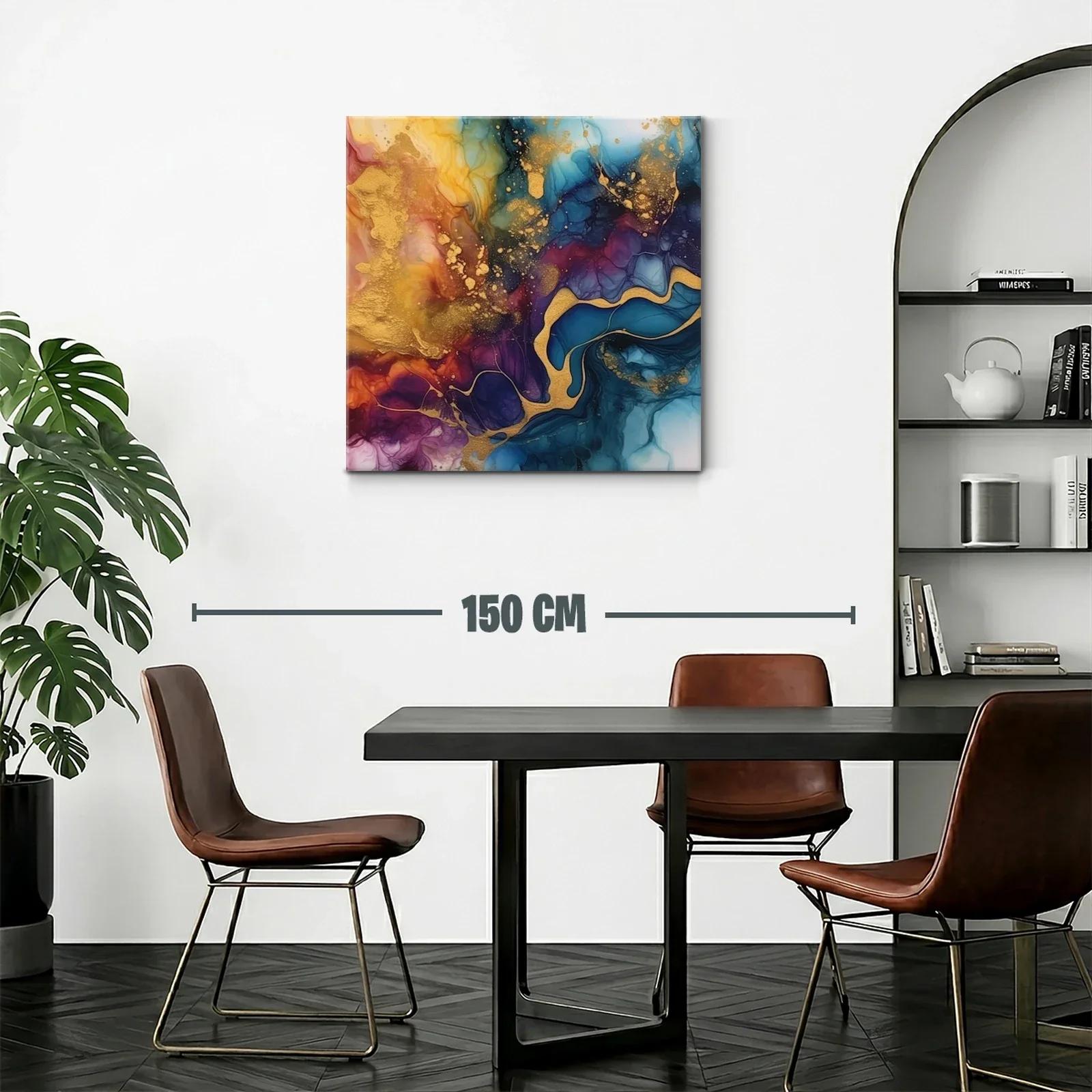 Cuadro abstracto con tonos dorados y azulados vibrantes — miniatura 2
