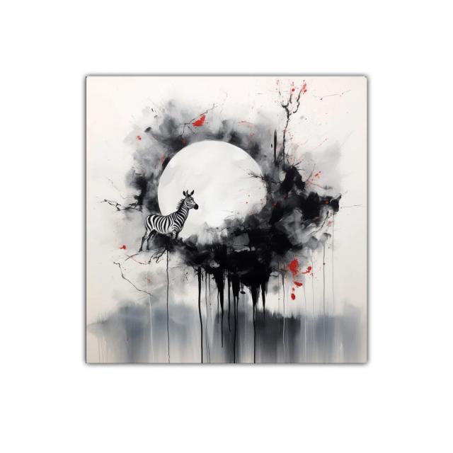 Zebra en círculo oscuro con toques de color rojo