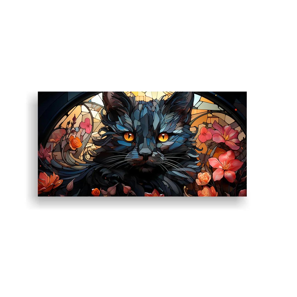 Cuadro gato negro de ojos ámbar con marco circular tipo vidriera