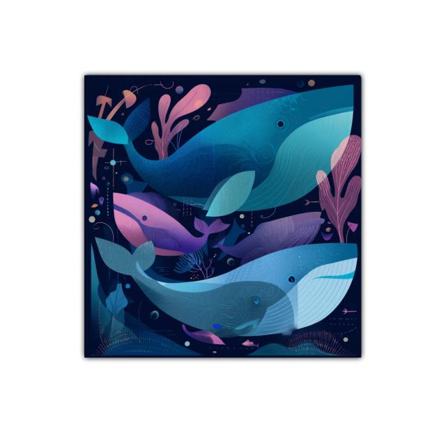 Cuadro decorativo con ballenas en tonos azules y morados