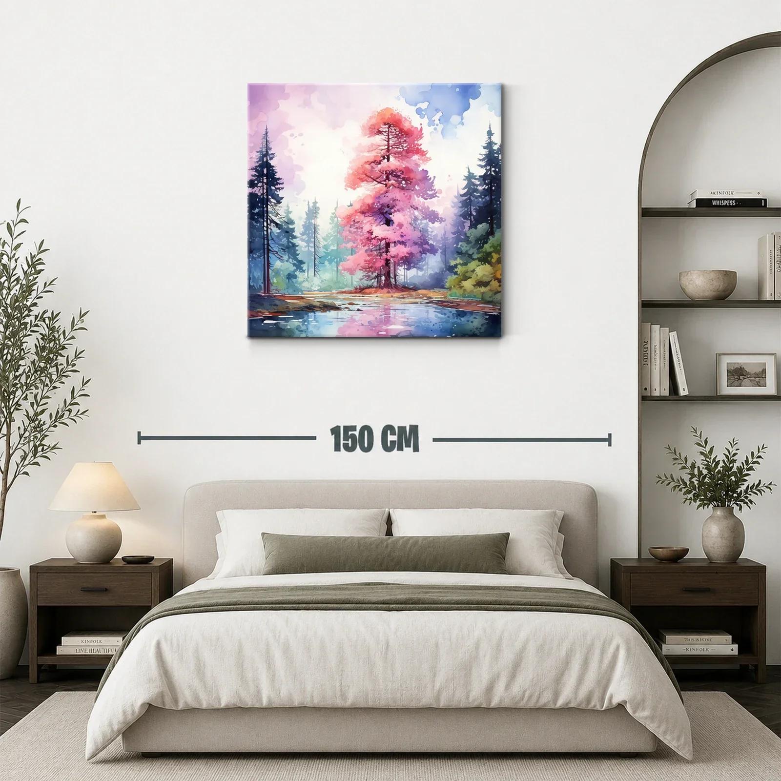 Árbol rosa en paisaje sereno junto a lago reflejado — miniatura 3