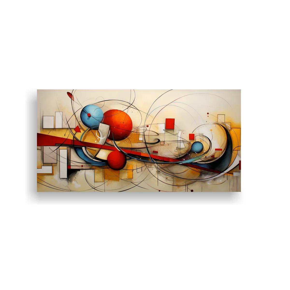Cuadro abstracto geométrico con esferas rojas y azules