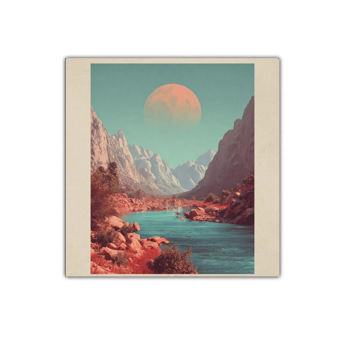 Paisaje montañoso con río y luna en tonos cálidos y fríos — imagen principal