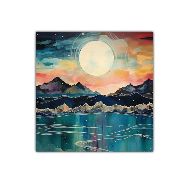 Paisaje nocturno con luna llena sobre montañas y mar