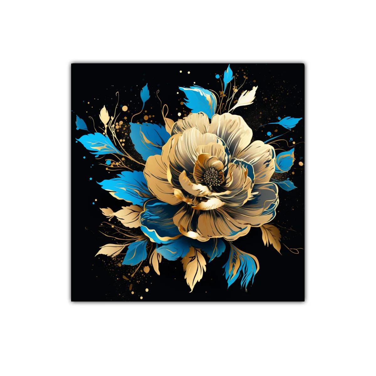 Flor elegante en tonos azules y dorados sobre fondo oscuro — imagen principal