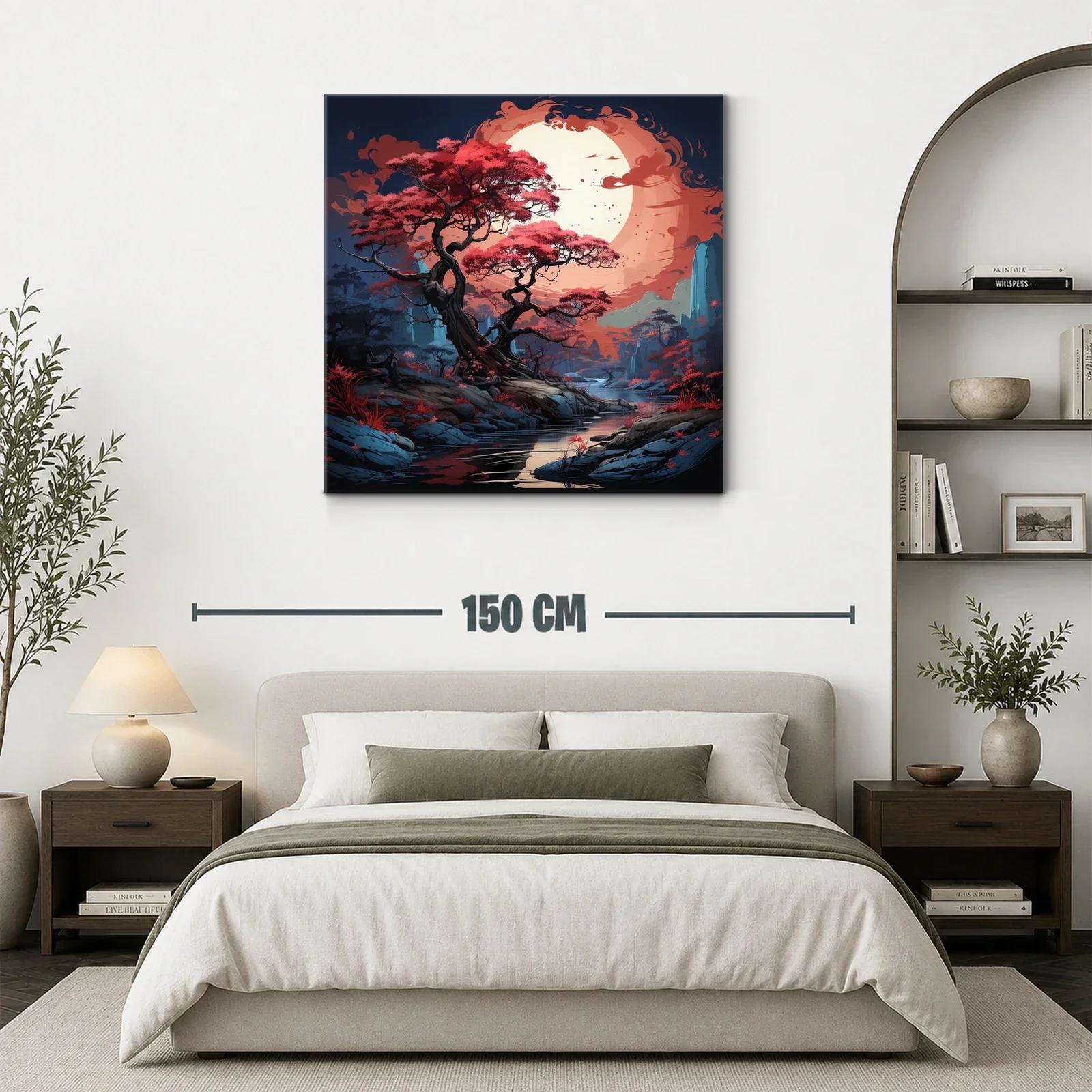 Paisaje mágico con árbol rojo bajo una luna enorme — miniatura 3