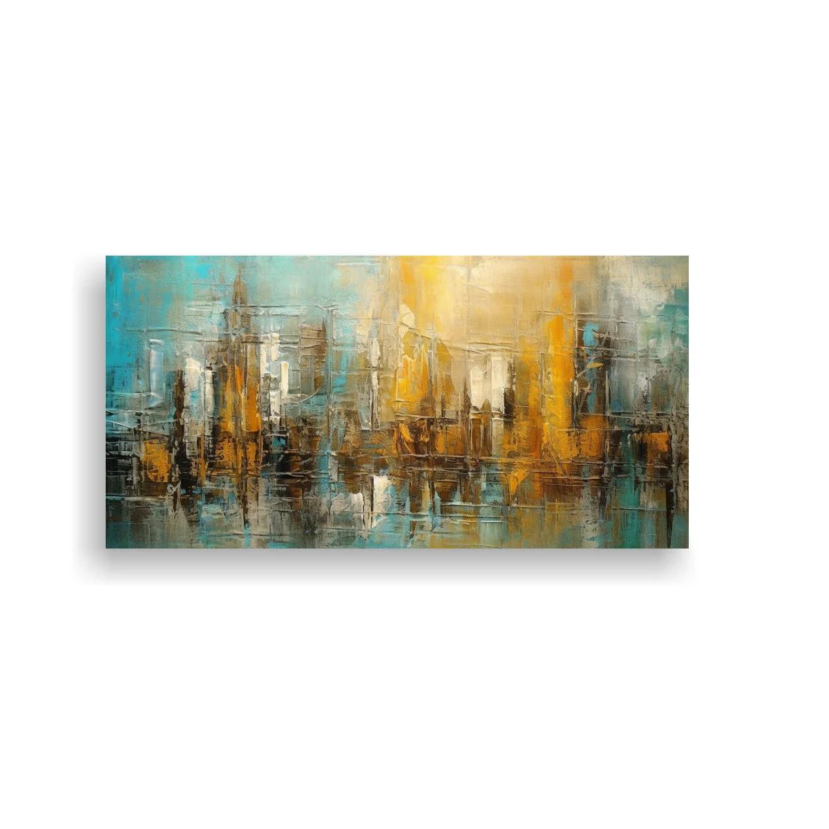 Cuadro skyline urbano abstracto dorado y turquesa