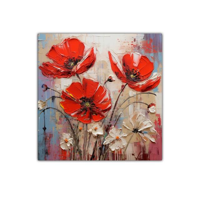 Cuadro floral vibrante con amapolas rojas y flores blancas