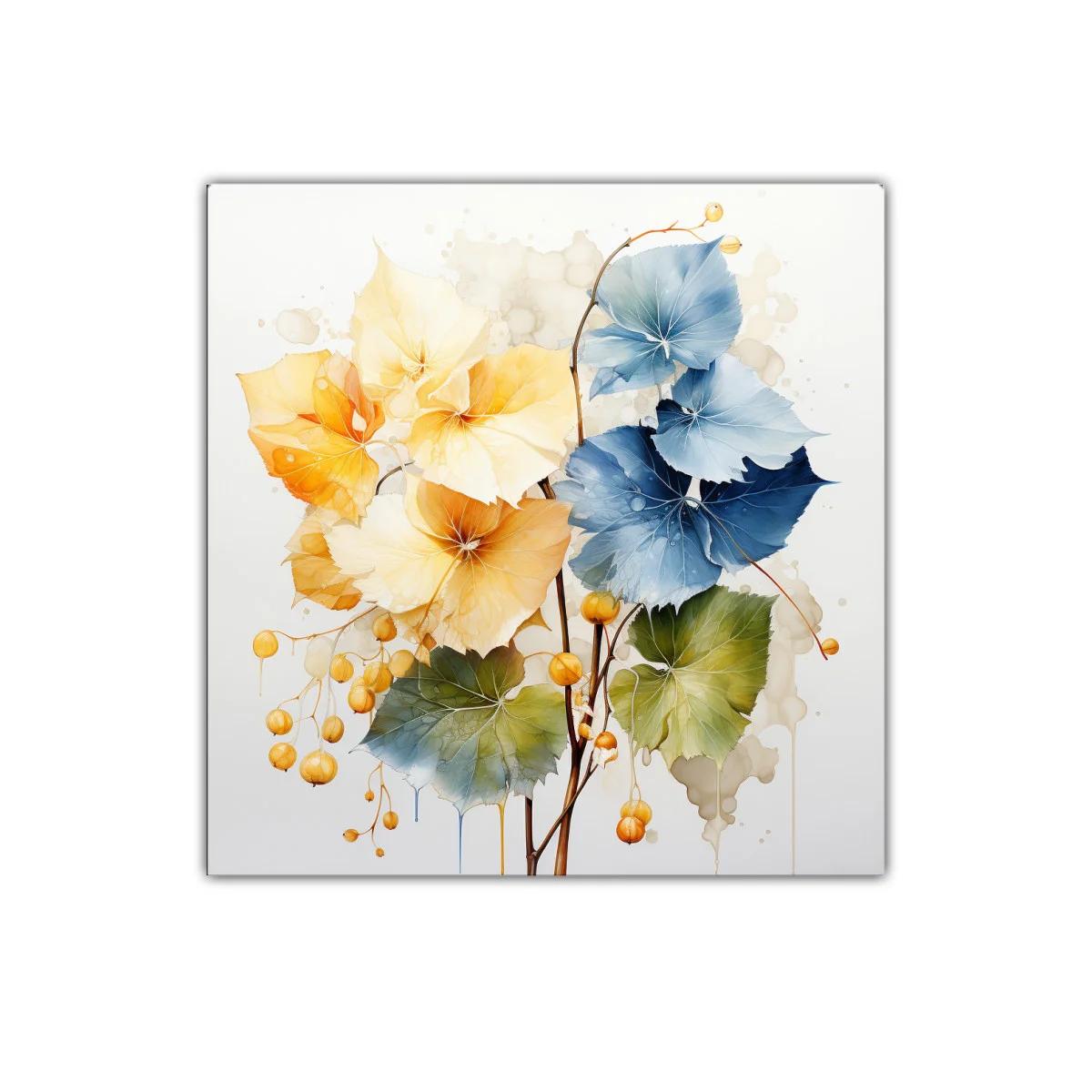 Arte floral con hojas en tonos cálidos y azul profundo — imagen principal