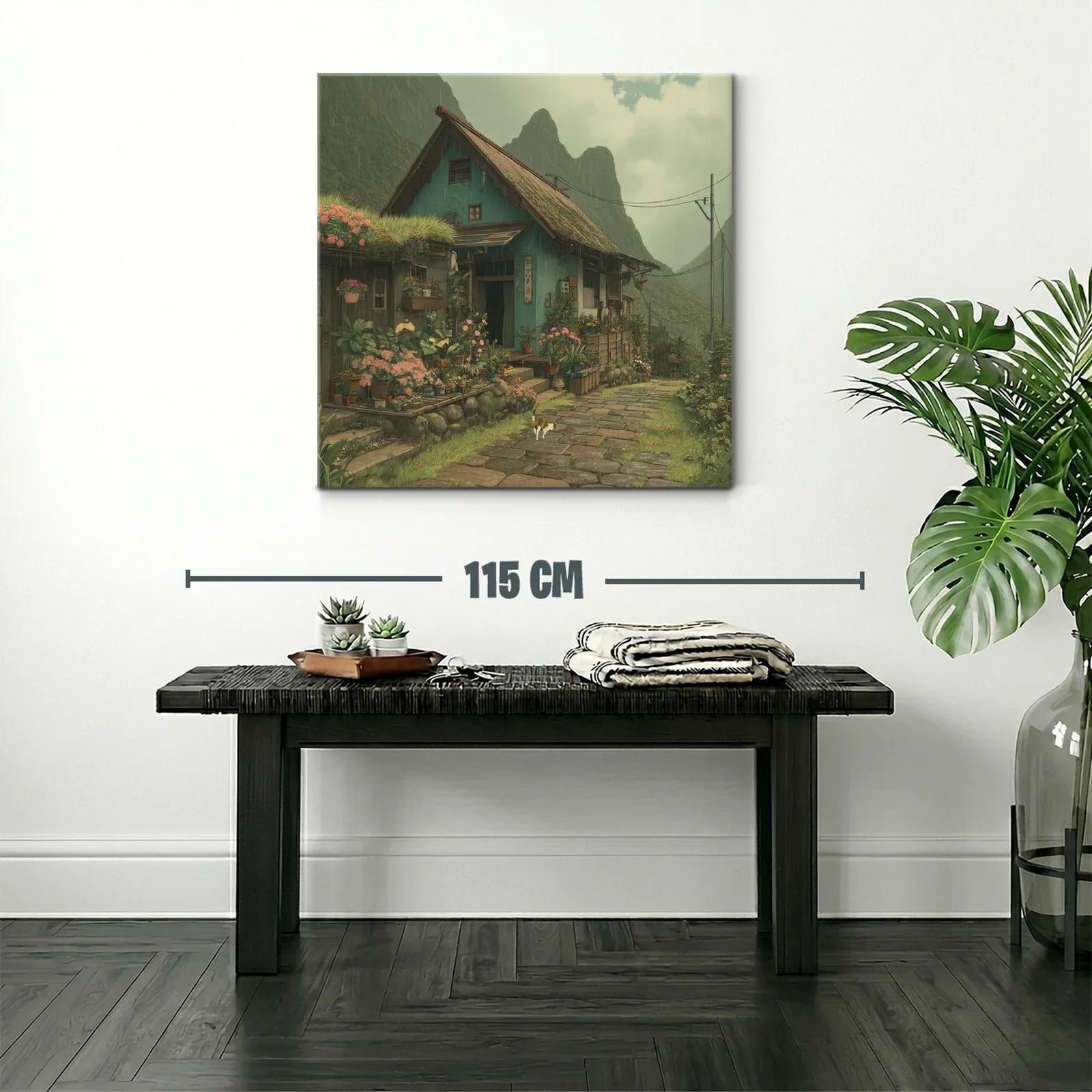 Paisaje rural con casa y jardín florido bajo lluvia suave — miniatura 2