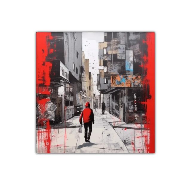 Calle urbana con figura en rojo resaltando la silueta