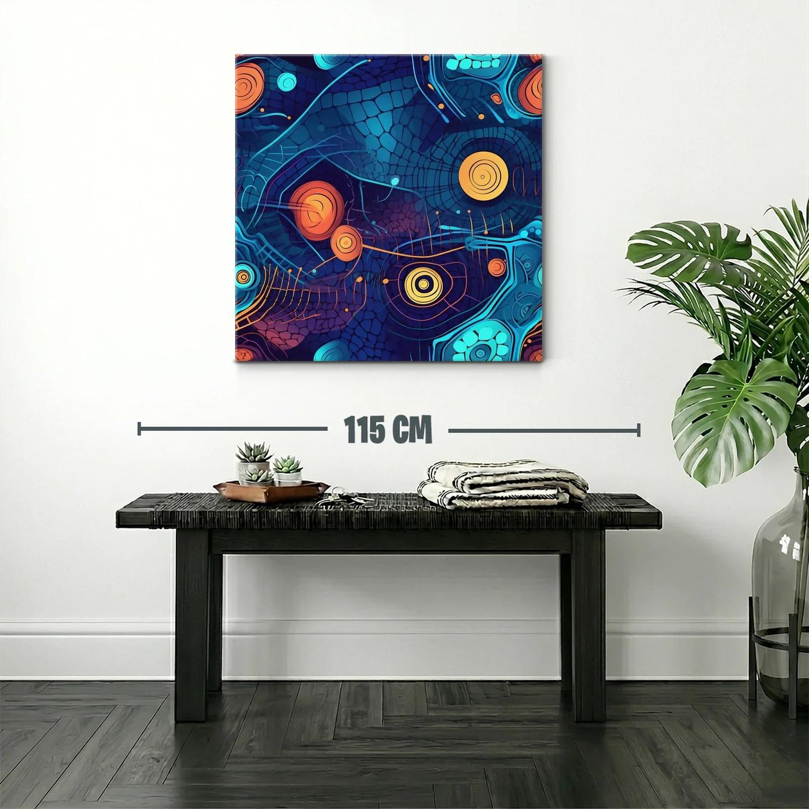Cuadro abstracto con formas circulares en tonos azules y naranjas — miniatura 2