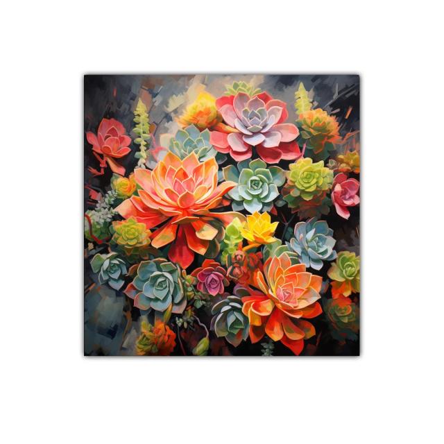 Cuadro floral vibrante con suculentas en tonos cálidos y verdes