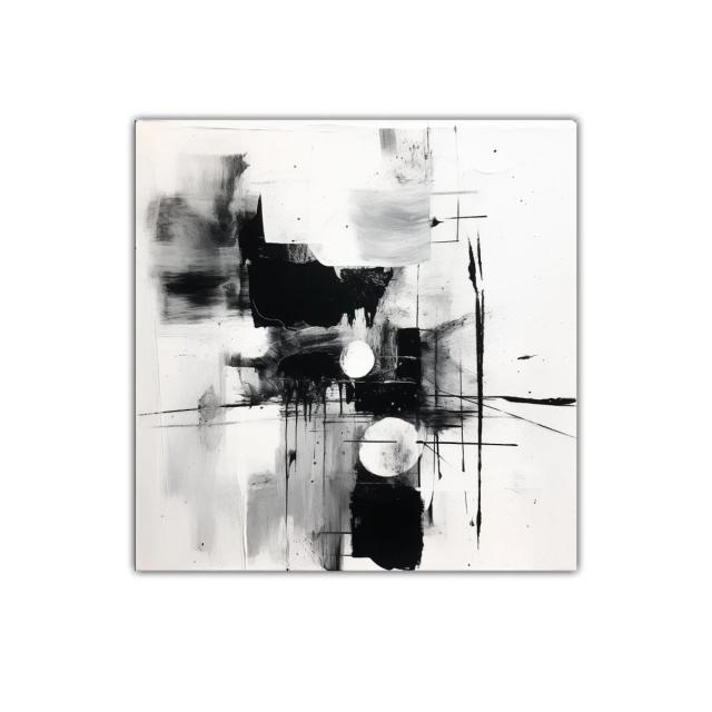 Cuadro abstracto en blanco y negro con formas geométricas