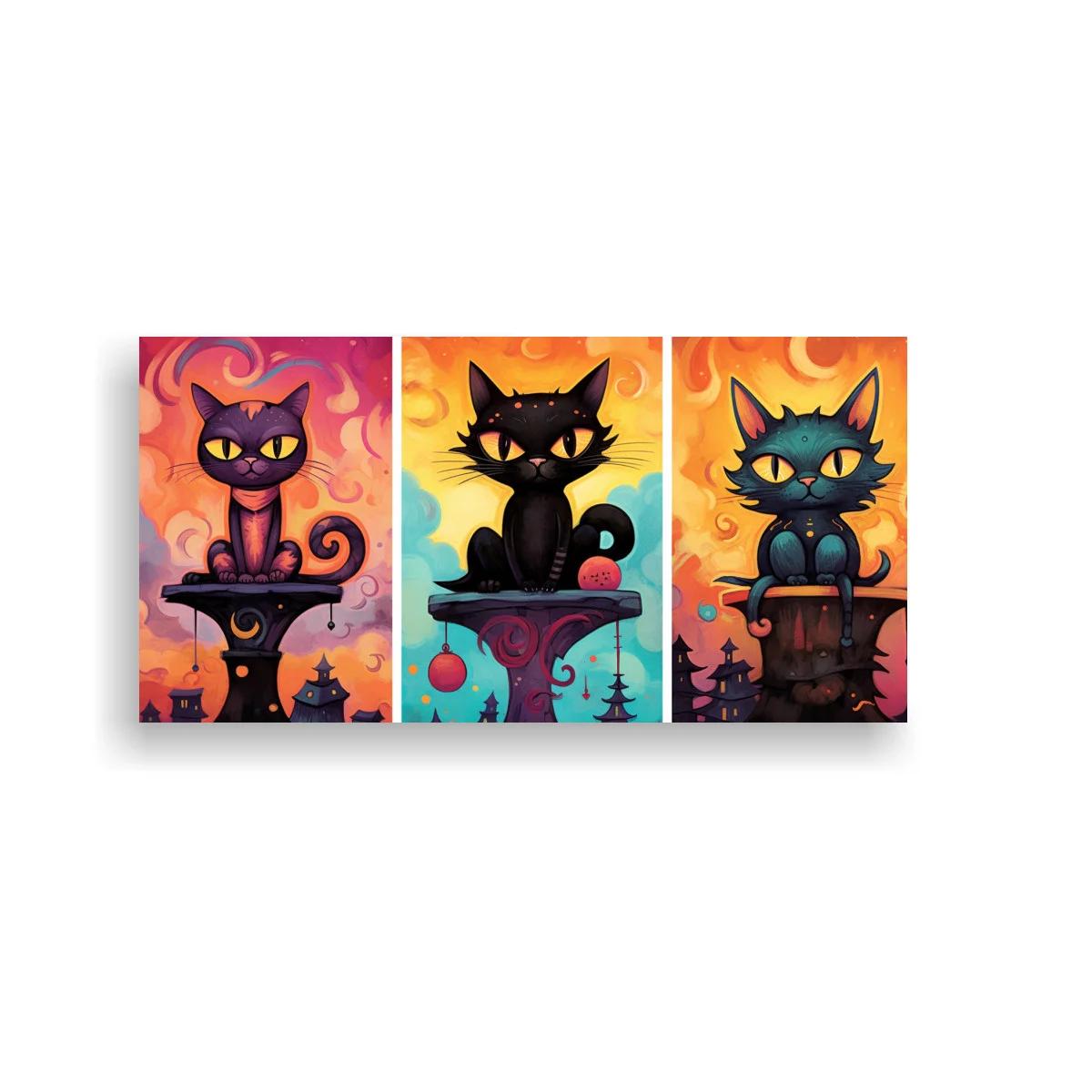 Cuadro gato negro con ojos amarillos y lunas crecientes