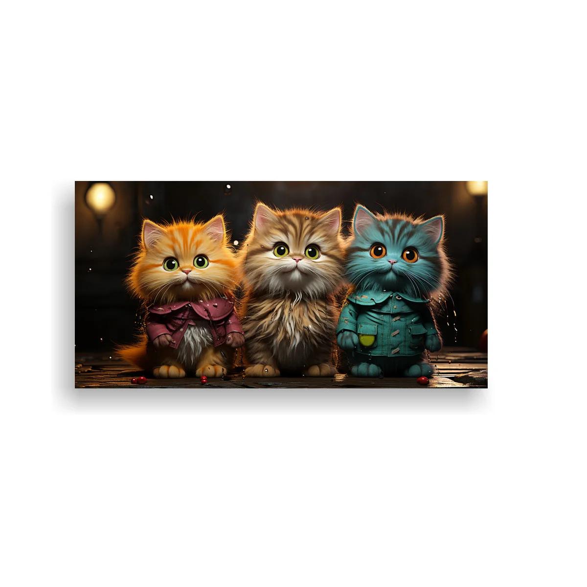 Cuadro tres gatitos de ojos grandes con lazos y luces cálidas