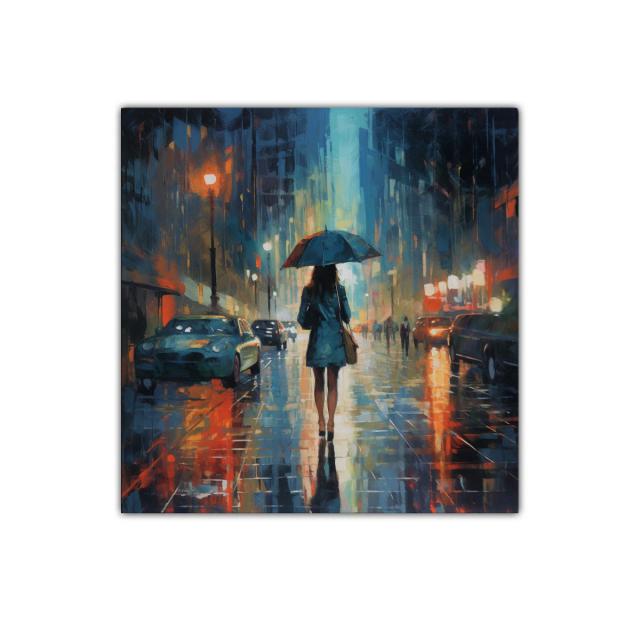 Mujer con paraguas en calle lluviosa iluminada por faroles