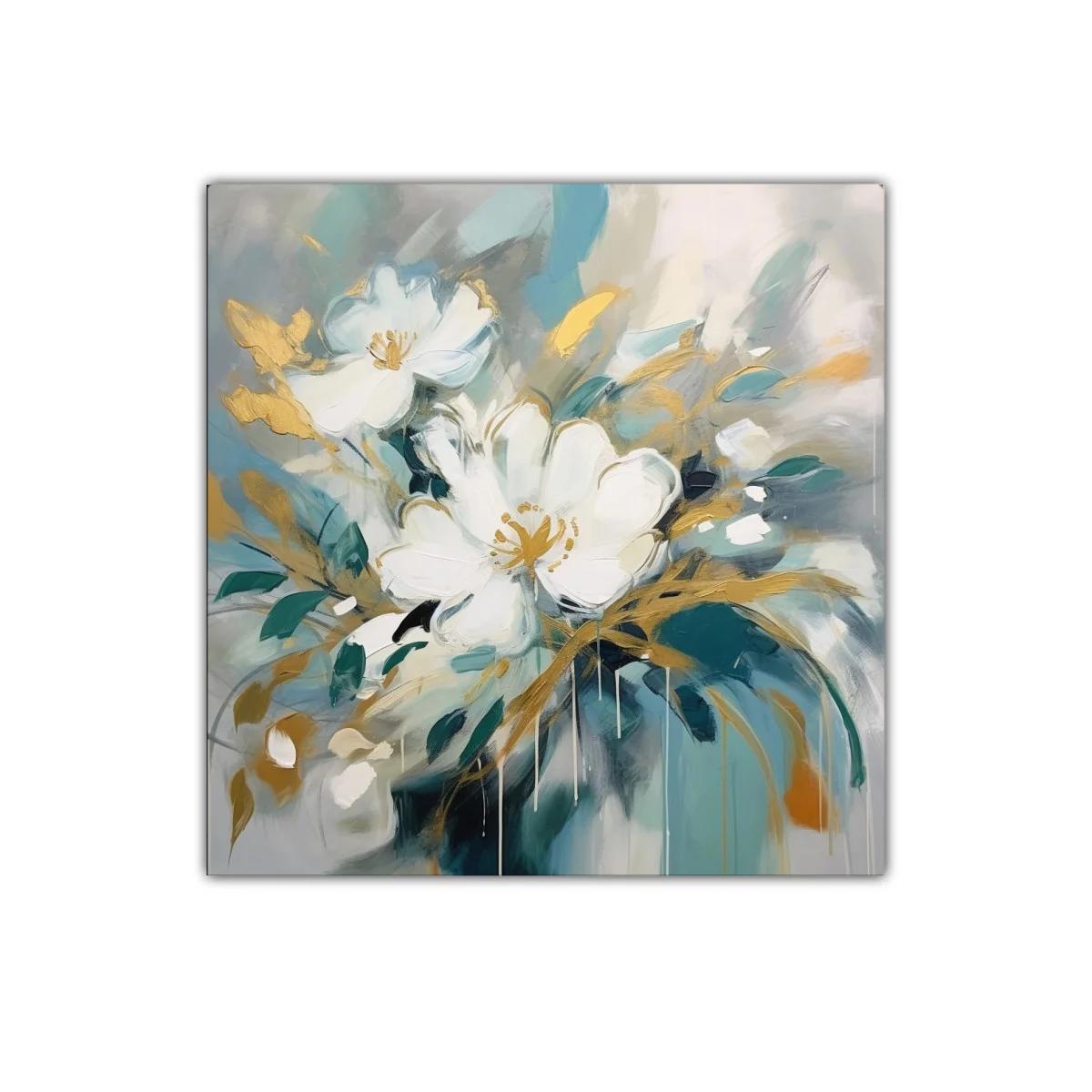 Cuadro decorativo de flores blancas con detalles dorados — imagen principal