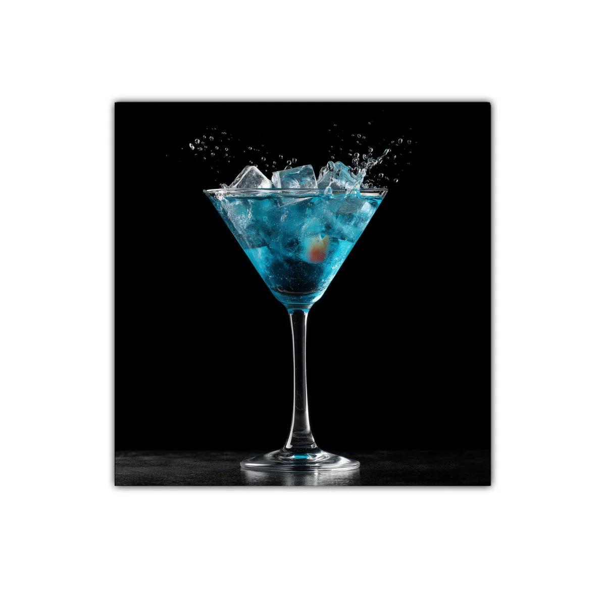 Cuadro decorativo cóctel azul con cubitos de hielo en negro