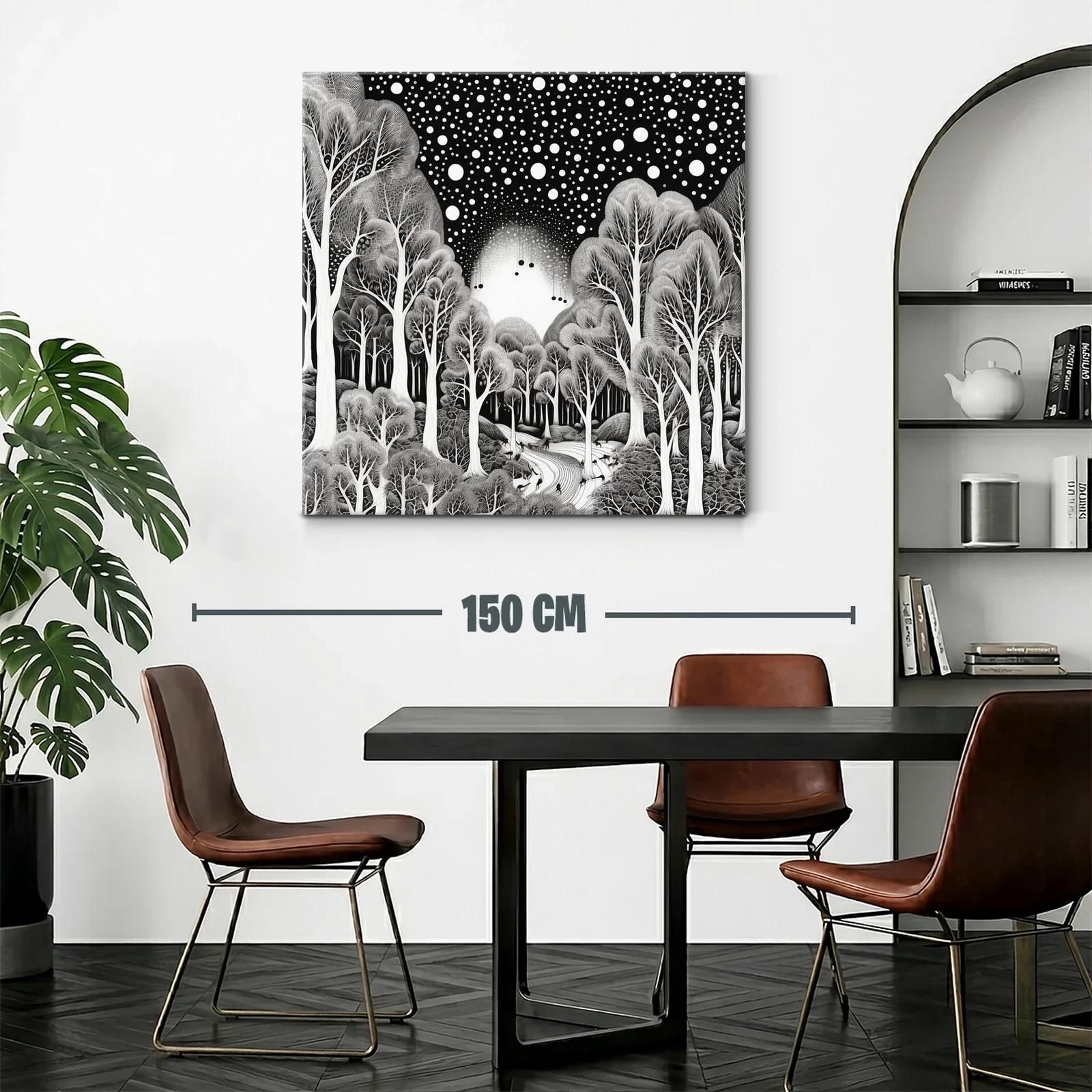 Bosque mágico bajo un cielo estrellado en blanco y negro — miniatura 2