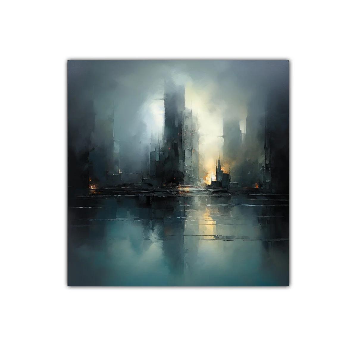 Paisaje urbano nebuloso con reflejos de luz cálida