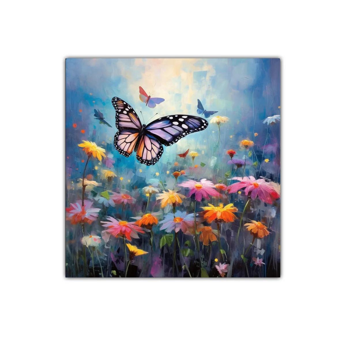 Mariposa sobre flores multicolor en jardín encantado