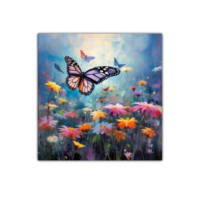 Mariposa sobre flores multicolor en jardín encantado