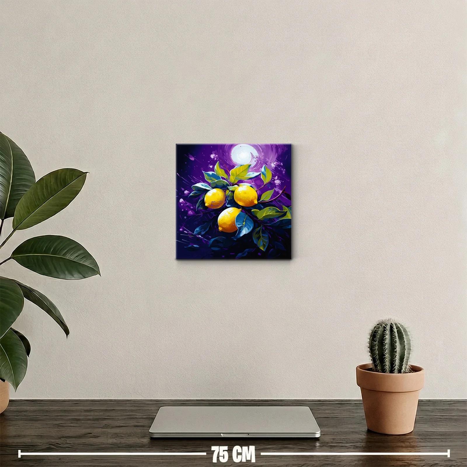 Cuadro vibrante con limones y hojas sobre fondo púrpura — miniatura 2