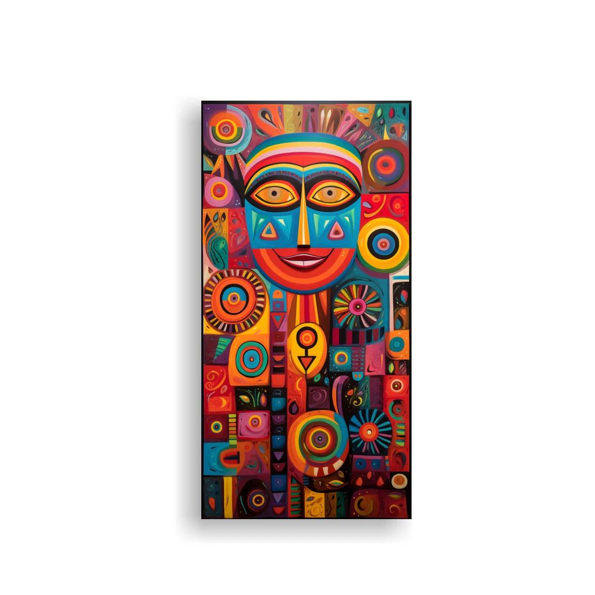 Cuadro máscara tribal colorida con símbolos geométricos