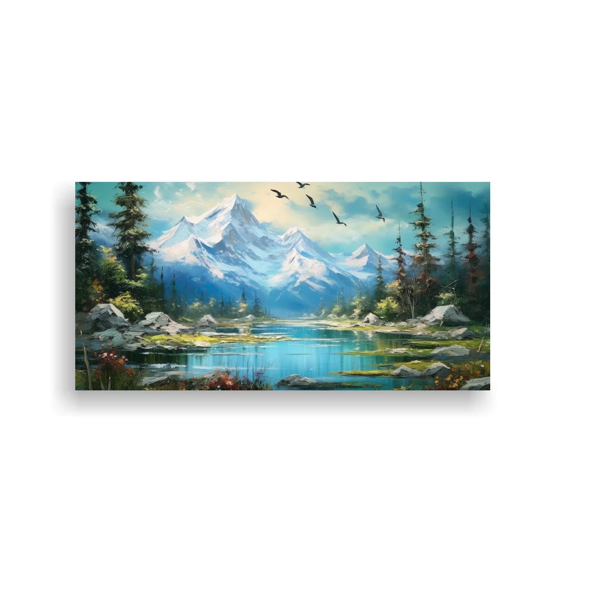 Cuadro lago de montaña con picos nevados y flores silvestres