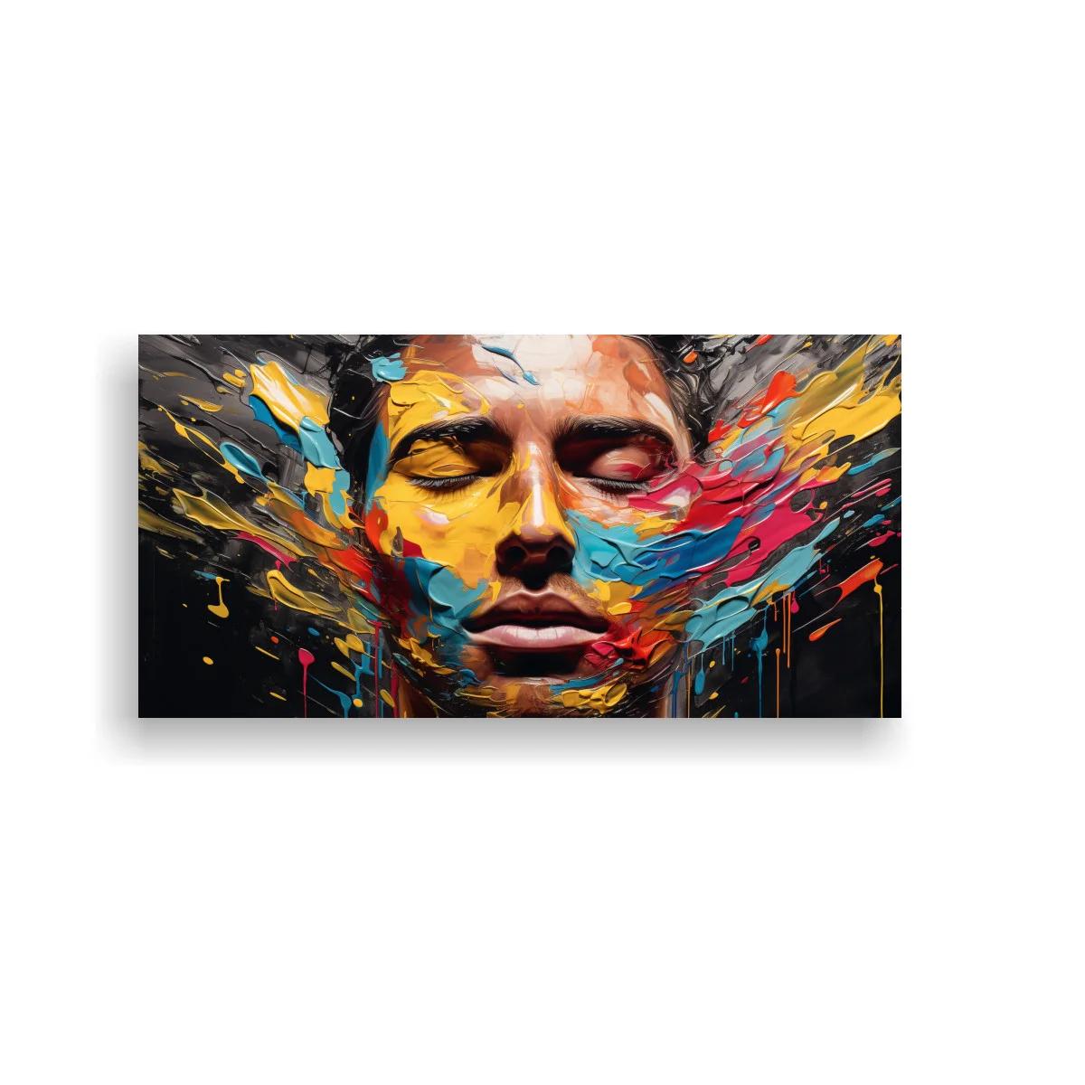 Cuadro rostro humano con ojos cerrados y salpicaduras de color — imagen principal