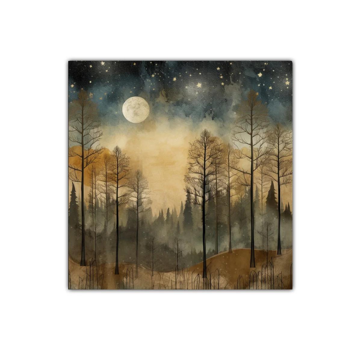 Bosque al claro de luna con cielo estrellado y neblina