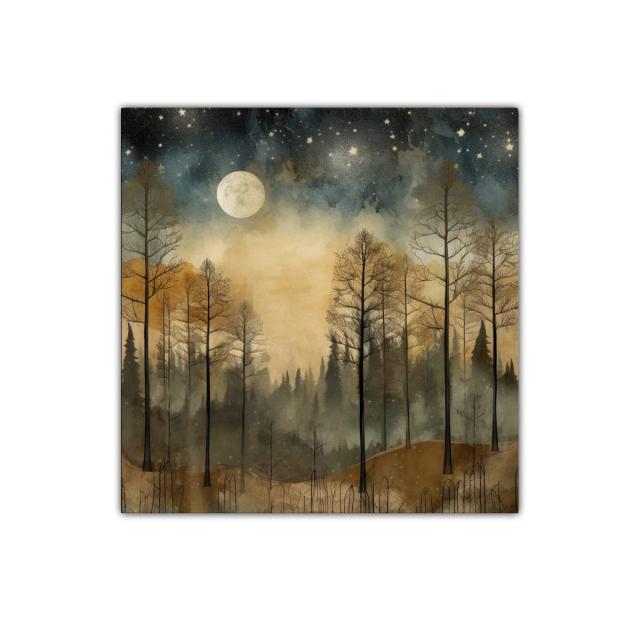 Bosque al claro de luna con cielo estrellado y neblina