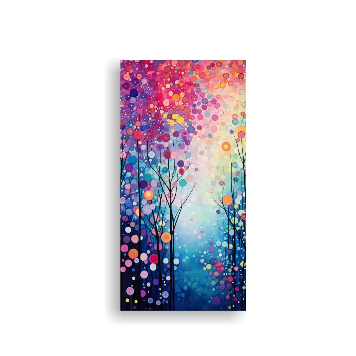 Cuadro árboles de colores con copas de círculos luminosos