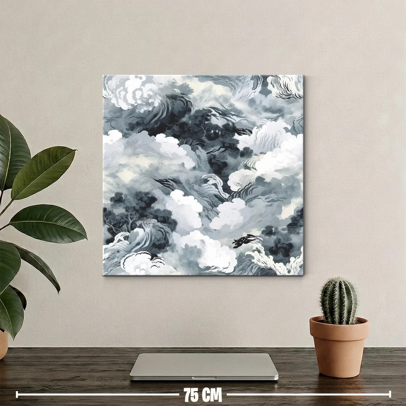 Cuadro abstracto con formas de nubes y árboles en tonos grises — miniatura 2