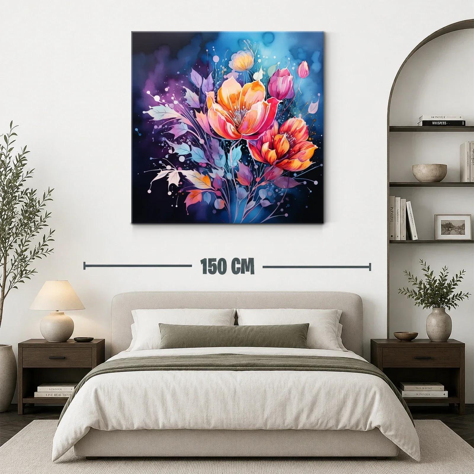 Ramo vibrante de flores en tonos cálidos y fondo azul — miniatura 3