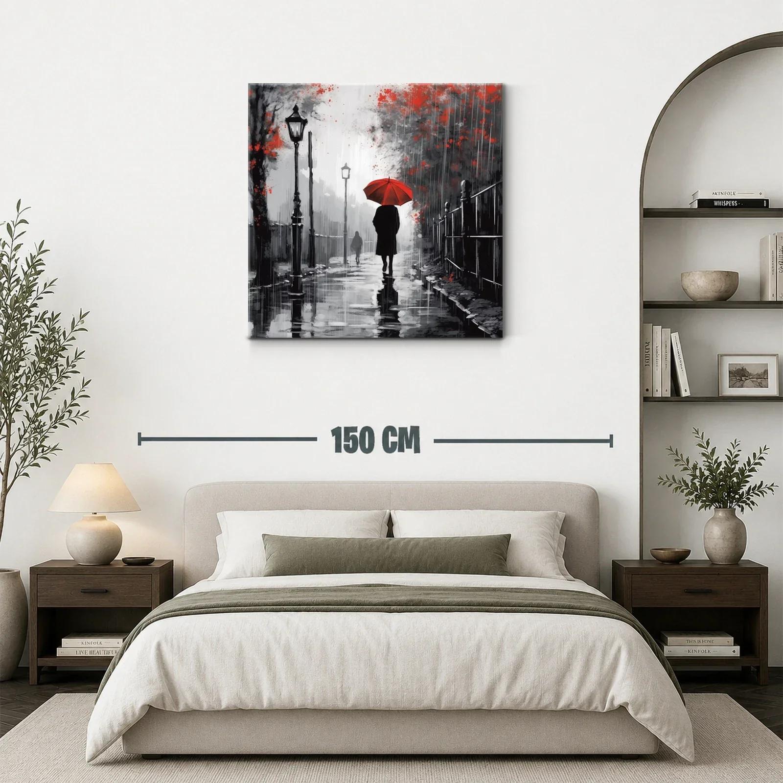 Camino bajo la lluvia con paraguas rojo brillante — miniatura 3