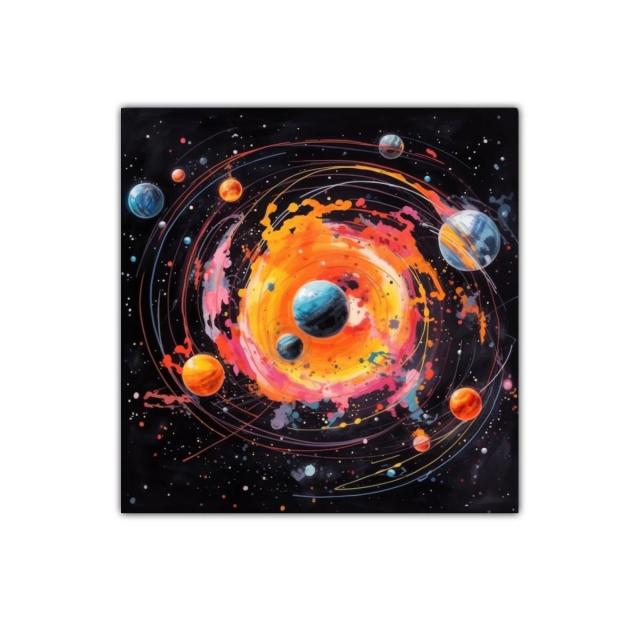 Explosión cósmica con planetas en órbitas vibrantes