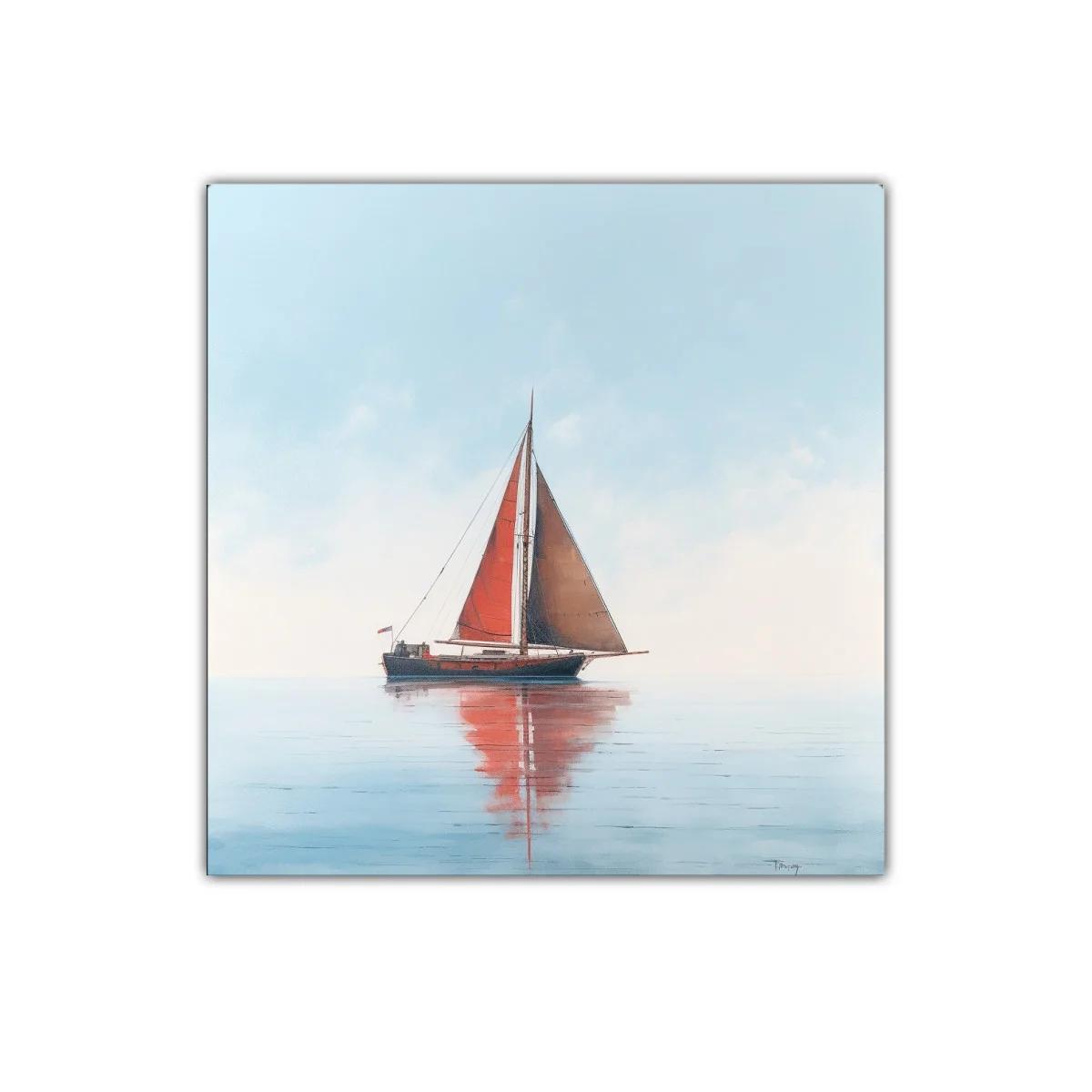 Velero con vela roja en mar tranquilo y cielo claro